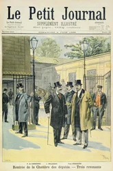 Titulní strana zachycující znovuotevření Poslanecké sněmovny s Paulem Granierem de Cassagnacem, Lucienem Millevoyem a Paulem Derouledem, ilustrace z obrázkové přílohy Le Petit Journal, 5th J